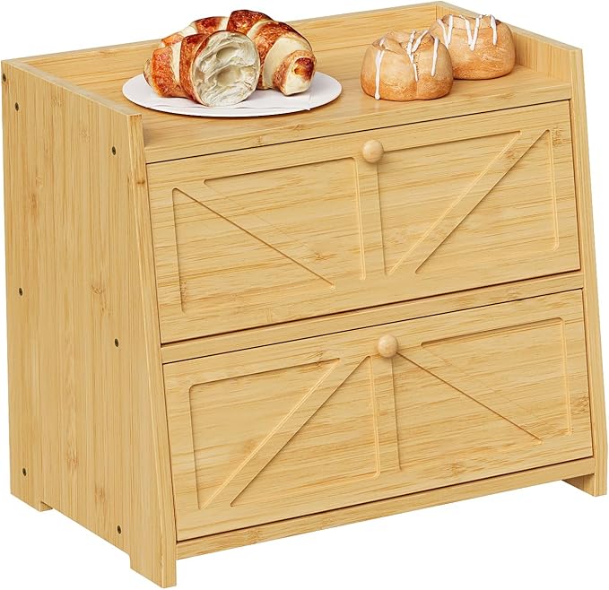 Trironsun Vintage Double Layer Bread Box for Kitchen Counter Bamboo Bread Storage Container Large Capacity Bread Storage Bin (Natural Bamboo) by TrironsunHome