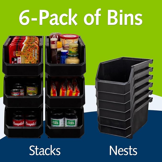 Akro-Mils ReadySpace Large Stackable Plastic Storage Bins, 6-Pack, Black | Open-Front Stackable Bins For Garage, Pantry, Closet & Office, 14,8"L X 8"W X 7"H, Nests When Empty, Durable Plastic, - Image 4