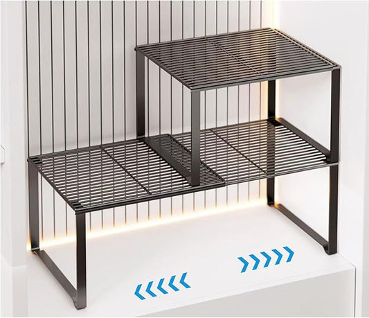 Extendable Metal Wire Shelf Organizer - Adjustable 15-24.4in Length, Stackable Storage Rack for Kitchen/Pantry/Bathroom/Shoe Cabinet/Tool Closet (2,Black) by HGZBS