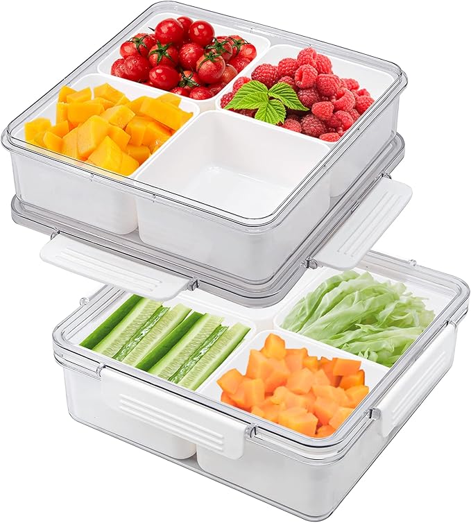 2Pack Divided Veggie Tray with Lid Snackle Box Serving Container Salad Keeper with 4 Removable Boxes Stackable Refrigerator Organizer Bins Produce Saver for Meal Prep Fruit by MineSign