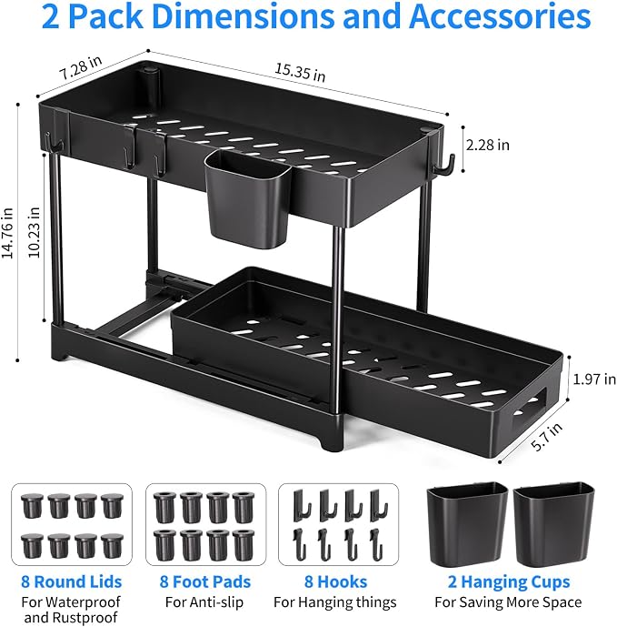 2 Pack Under Sink Organizer with Sliding Storage Drawer, 2 Tier Under Sink Organizers and Storage with 8 Hooks and 2 Hanging Cups, Multi-purpose Under Sink Storage for Kitchen Bathroom Cabinet, Black - Image 7