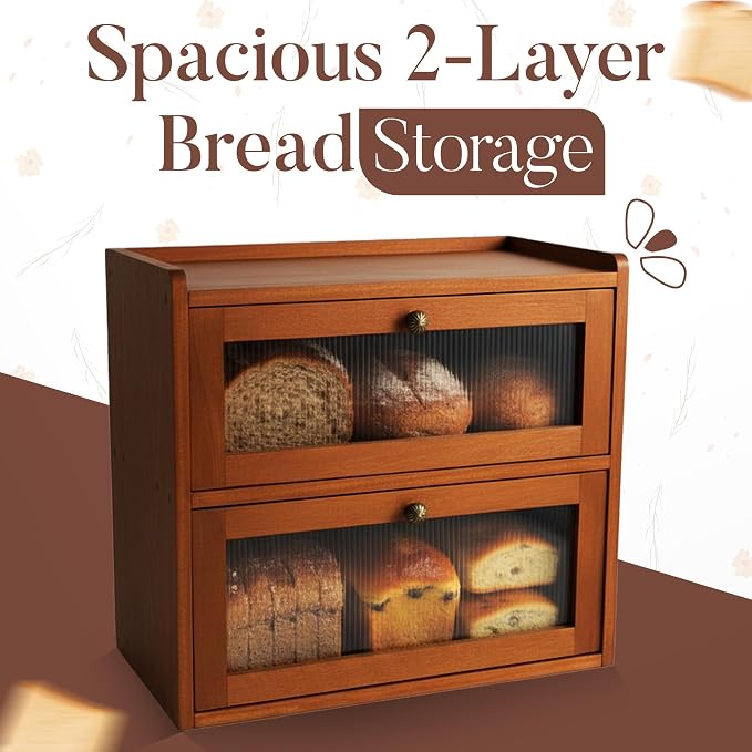 Jubily Bread Box with Clear Acrylic Windows – 2-Layer Pine Wooden Storage Box, Large Bread Box for Kitchen Countertop, Bread Storage Container for Homemade Bread, Rolls & Baked Goods - Image 2