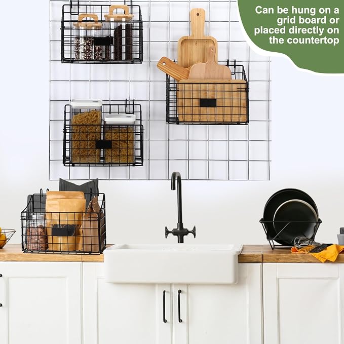Blulu 4 Pcs Black Grid Wall Baskets, Metal Wire Wall Basket with Hooks Hanging Storage Organization Accessory for Vendor Trade Shows Kitchen Bathroom Pantry Supplies(11 x 8 x 6 Inch) - Image 5