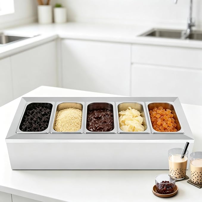 Pizza Oven Topping Station Condiment Food Prep Container Pans Rack | Stainless Steel Container Set with 5 1/3 Pans & Lids, Sandwich Prep Table Ingredients Holder Kitchen Restaurants Buffet - Image 8