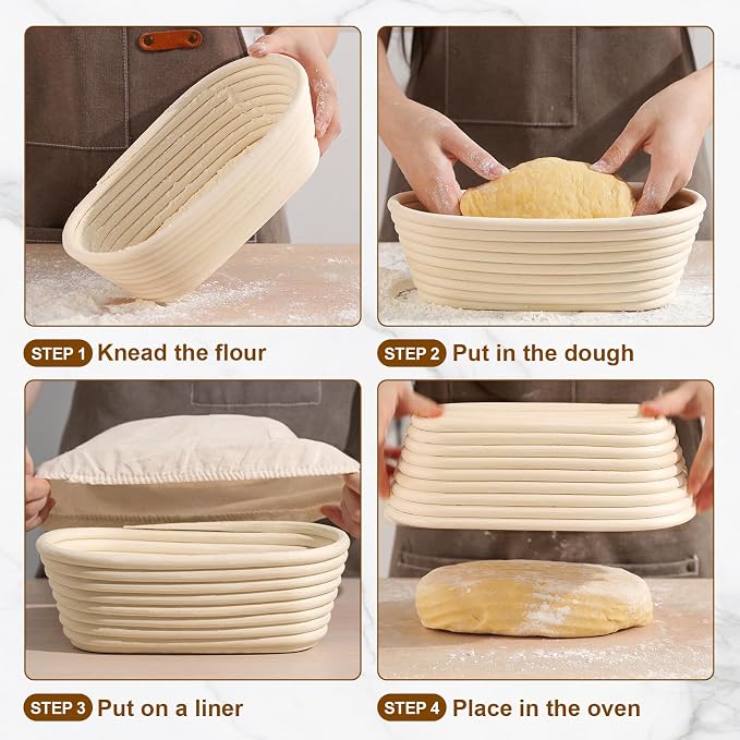 4 Pack 10 Inch Oval Banneton Bread Proofing Basket, Rattan Sourdough Bread Baskets with Liners for Home Baking - Image 8