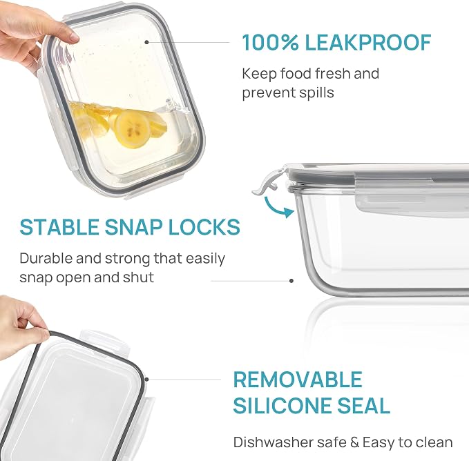 Vtopmart 2.26L/76oz Extra Large Glass Food Storage Containers with Lids, 6 pack Meal Prep Container Set, Airtight Lunch Boxes with Snap Locking Lids for Microwave, Oven, Freezer, Dishwasher | Meal Prep Container Set, Airtight Lunch Boxes with Snap Lock... - Image 8