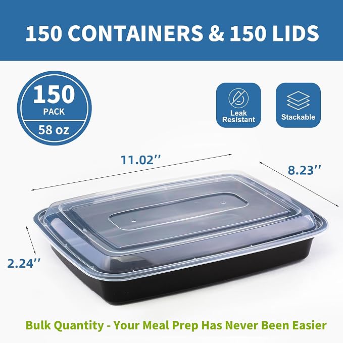 58oz Meal Prep Containers,150 Sets Disposable Food Storage Boxes with Lids | Heavy Duty, Single Compartment, Leakproof Lids, BPA Free, Microwave Freezer Safe, Plastic To Go Bento Boxes for Lunch Takeout - Image 2