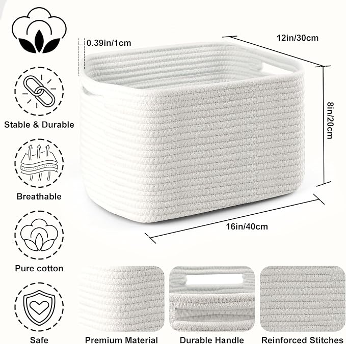 4 Pack Large Storage Baskets for Organizing, 16''Lx12''Wx8''H Woven Baskets for Storage Toys, Towels, Books, and Clothes, Cotton Rope Basket for Shelves with Handle - Image 2