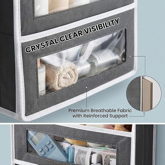SakerPlus Five Tier Over The Door Organizer, Hanging Door Storage Organizer with Clear Windows and Side Pockets, Behind Door Storage for Bedroom Bathroom Pantry Nursery Closet (Grey) - Image 4