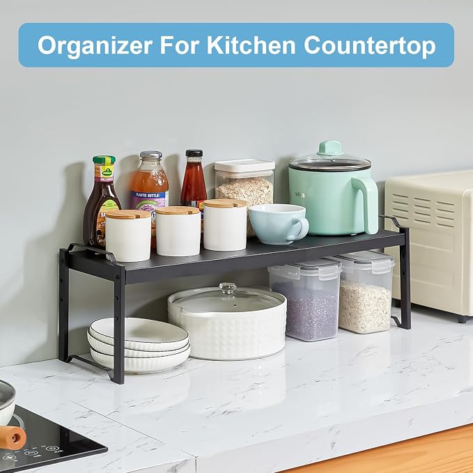 X-cosrack 25.5 Inches 2 Pack Expandable Cabinet Shelves, Stackable Shelf Organizer for Kitchen Cabinet Countertop Storage, Adjustable Counter Cupboard Pantry Organizer Shelf Rack Stand Riser, Black - Image 6