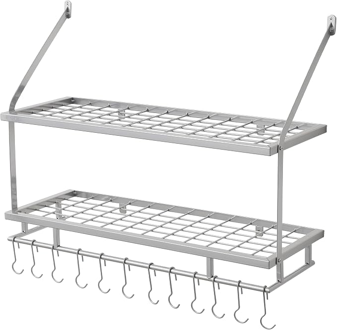 KES 30-Inch Silver Gray Pot Rack Wall Mounted, 100 Lbs Capacity | 2-Tier, Hanging Pot and Pan Organizer with 12 Sturdy Hooks, Kitchen Wall Hanger Shelves Modern, KUR215S75B-SG - Image 8