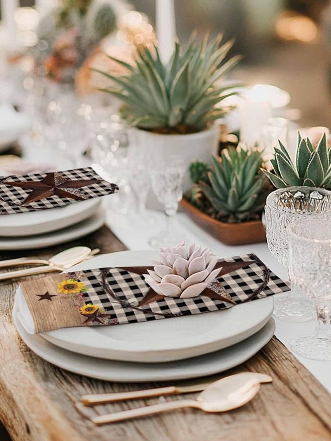Farmhouse Western Star Cloth Napkins Washable Set of 6, 20 x 20 Inch Reusable Vintage Country Brown Plaid Dinner Table Napkins Cloth Bulk for Weddings Kitchen Restaurants Hotel Events Parties - Image 6