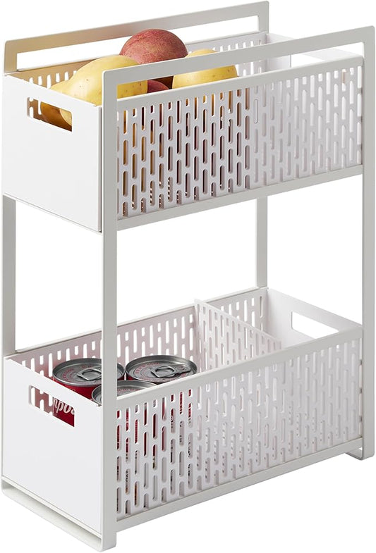 YAMAZAKI Home 2-Tier Storage Basket, Under-Sink Storage, ABS Plastic, White | Two-tier sliding baskets organizer rack designed for pantry or under-sink storage. Sturdy organization. by Unknown