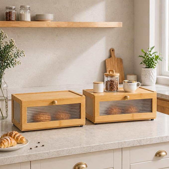 Stackable Bread Box for Kitchen Countertop, 2 Tier Bamboo Bread Storage Container Holder Bin for Baked Goods Snacks Farmhouse Breadbox with Acrylic Window for Pantry Cabinet Cupboard, Natural - Image 5
