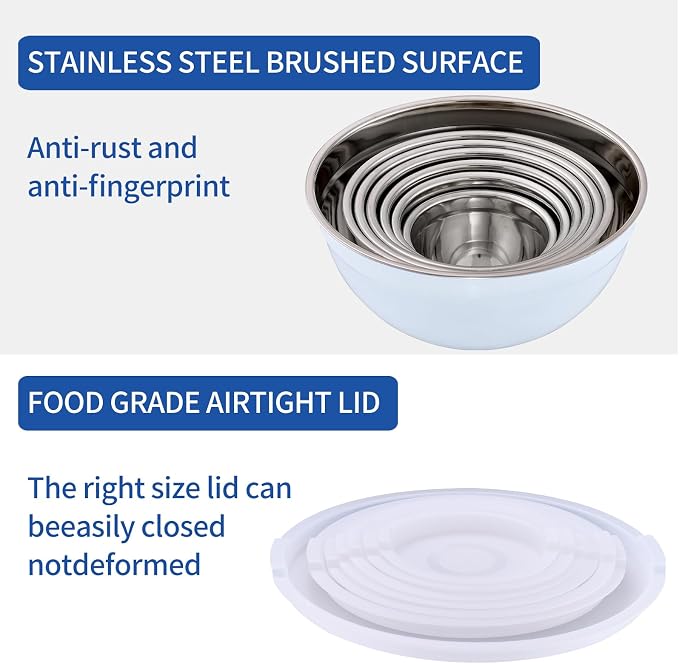 White Mixing Bowls with Airtight Lids, Stainless Steel Nesting Mixing Bowls Set of 7, Ideal for Baking, Prepping and Serving Food, Size 7, 3.6, 2.7, 2.1, 1.5, 1.1,0.8 QT, Stackable Design - Image 4