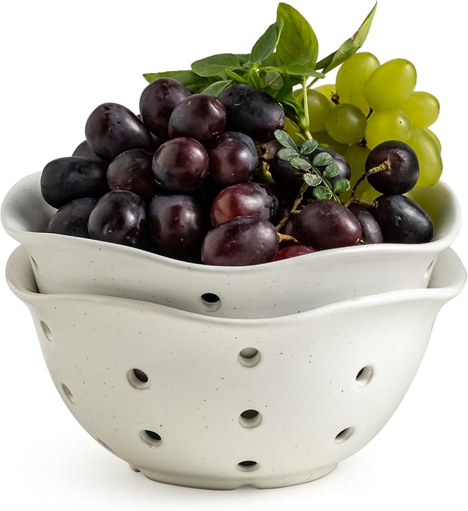 Gomakren Ceramic Berry Basket Set of 2, Rustic Fruit Basket Container 6 Inch, Fruit Bowl with Holes for Kitchen, Berries, Strawberry, Grape, Cherry, Floral Shape - Cream White by Gomakren