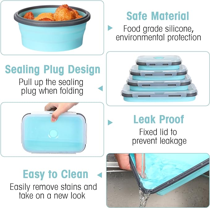 Yaomiao 16 Pack Collapsible Food Storage Containers with Lid Air Vent Foldable 8 Rectangle Storage Bowl and 8 Round Silicone Food Bow for Lunch Camping Rv Accessories Microwave Freezer(Gray, Blue) - Image 3