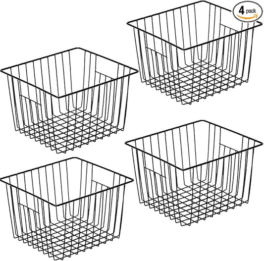 SANNO Freezer Storage Baskets, Pantry Storage Wire Basket Organizer Bins Refrigerator Bin with Built-in Handles for Cabinets, Pantry, Closets, Bedrooms - Set of 4 Black, Black,11"x 10" by SANNO
