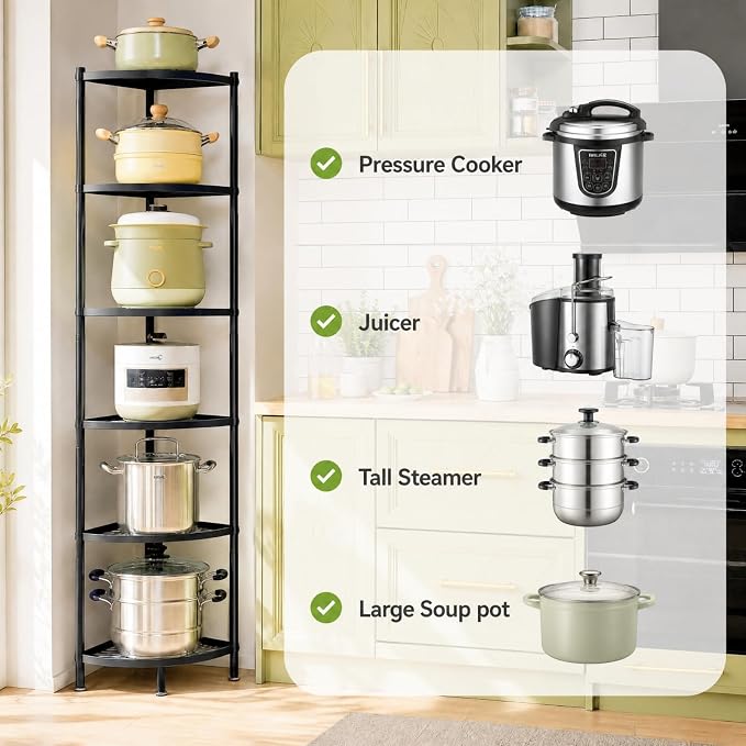 6-Tier Kitchen Corner Pot Rack, Floor Standing Corner Shelf | Narrow Corner Storage, Space Saving, Heavy-Duty Carbon Steel, Thick Solid Grid Shelf, Extra-Large Space Fits Large Cookwares - Image 5