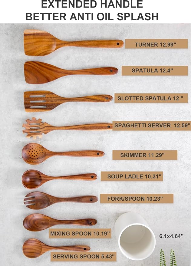 Nucookery Wooden Cooking Utensils Set with Holder, Nonstick Wooden Spoons for Cooking Spatula Set 10 Pcs, Teak Wood Kitchen Utensils Set, Ceramic Utensils Holder for Countertop, White - Image 2