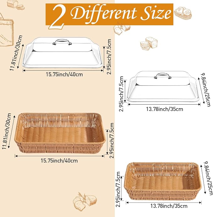 2 Set Wicker Bread Basket for Serving with Acrylic Lid Cover Imitation Rattan Bread Basket Woven for Fruit Summer Picnic BBQ Pool Party Outdoor Housewarming Gift(15.75" X 11.81",13.78" X 9.84") - Image 2