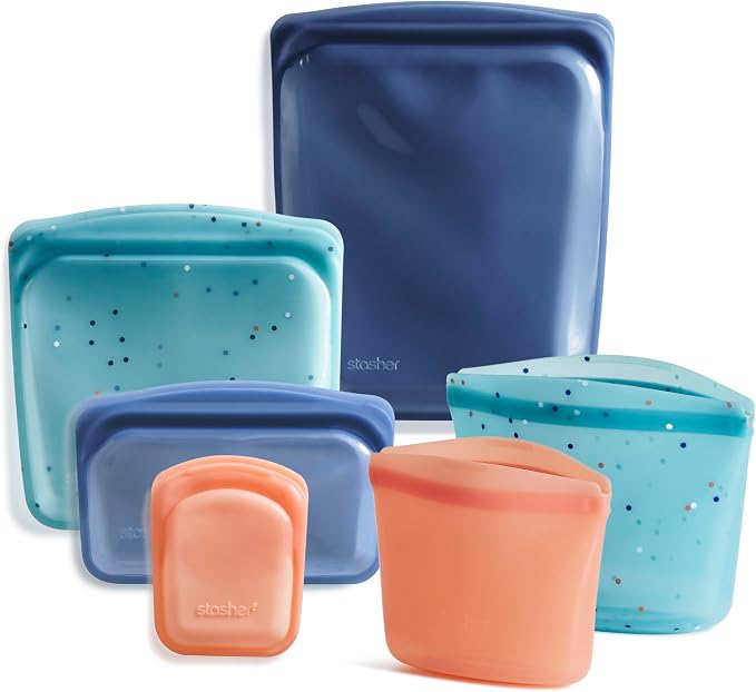 Stasher Premium Reusable Silicone Bags, 6-Pack Starter Kit, Sea Spray | Food-Safe Silicone, BPA-Free, Leak-Free, Eco-Friendly, Dishwasher, Lunch Bag, Travel Containers, Meal Prep, Food Storage by Stasher