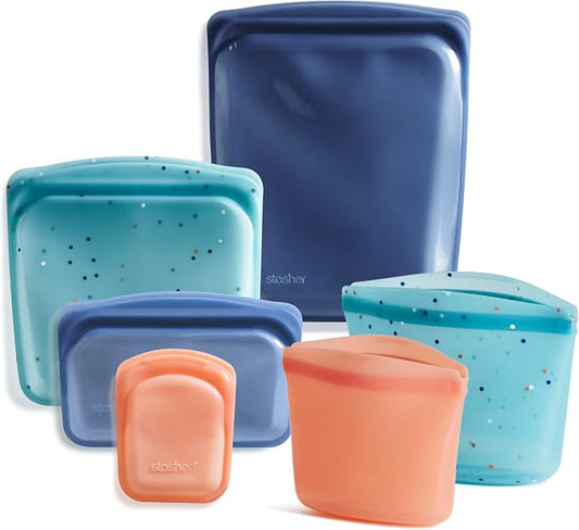 Stasher Premium Reusable Silicone Bags, 6-Pack Starter Kit, Sea Spray | Food-Safe Silicone, BPA-Free, Leak-Free, Eco-Friendly, Dishwasher, Lunch Bag, Travel Containers, Meal Prep, Food Storage by Stasher