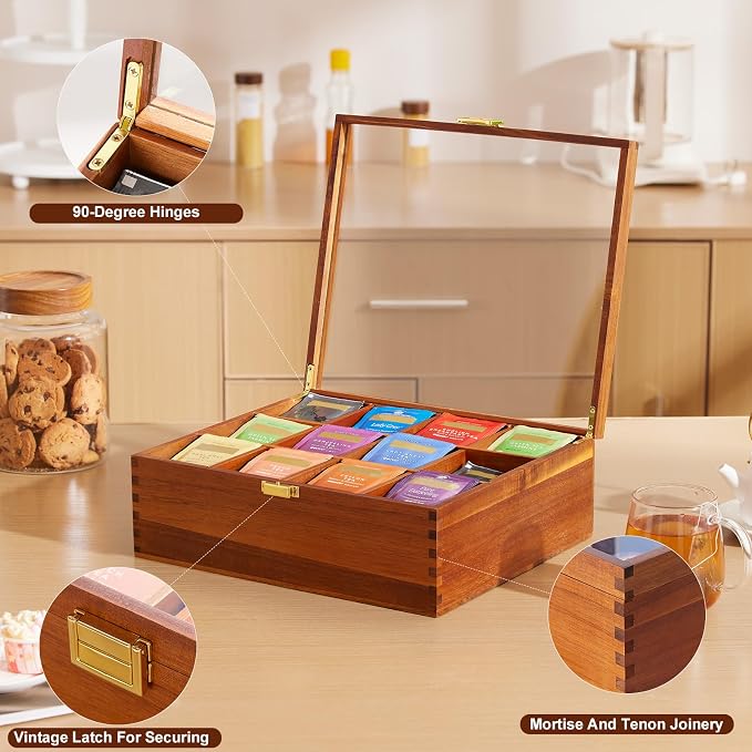 HouseJoy Wood Tea Bag Organizer: 12 Compartments with Clear Glass Lid | Acacia Wood-Large Capacity-Tea Bag Storage Holder for Countertop Kitchen Pantry-Gift For Tea Lover-Keep Tea Bag Fresh - Image 3