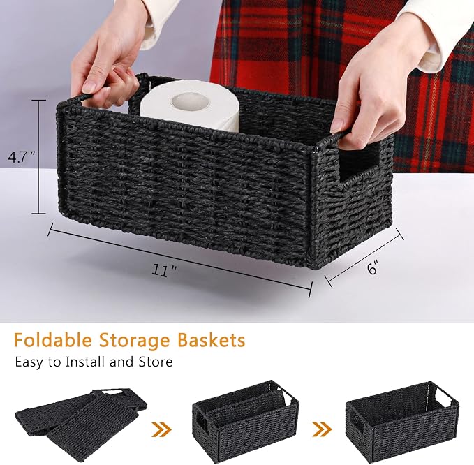 Wicker Baskets for Storage, Set of 4 Hand-Woven Storage Baskets for Shelves, Foldable Cube Storage Baskets Bins with Handles, Small Wicker Baskets for Organizing Pantry Bedroom, Black - Image 4