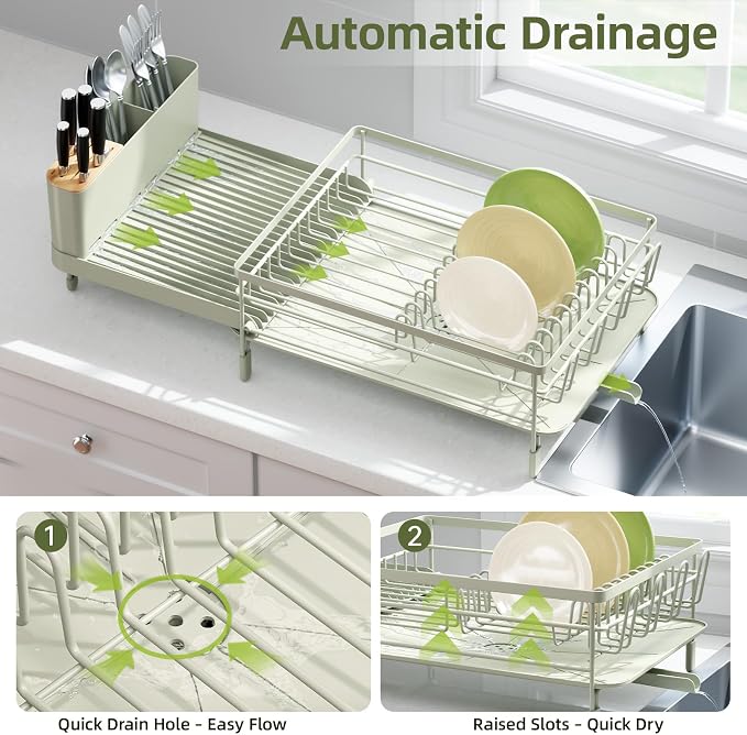 Urackify Extendable Dish Rack, 18.5"-26.7" L x 12.7" W, Soft Celery Green | Multifunctional large dish rack with cup holder and built-in cutlery holder for versatile drying needs - Image 4