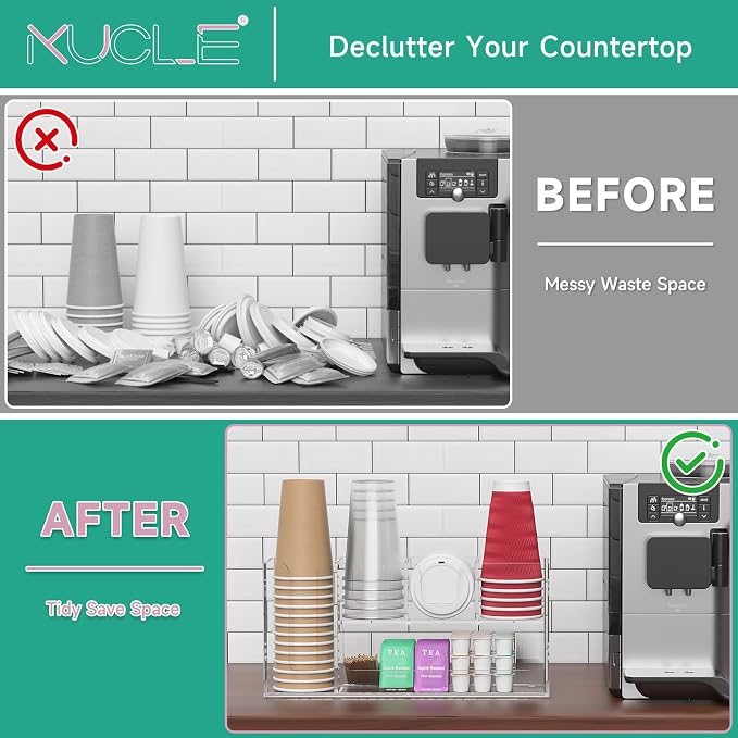 2-Tier Coffee Station Organizer for Countertop, 5 Compartments Clear Acrylic Cup and Lid Holder Tea Condiment Storage Upright Coffee Bar Organizer Pod Dispenser for Office Breakroom Home Kitchen - Image 9