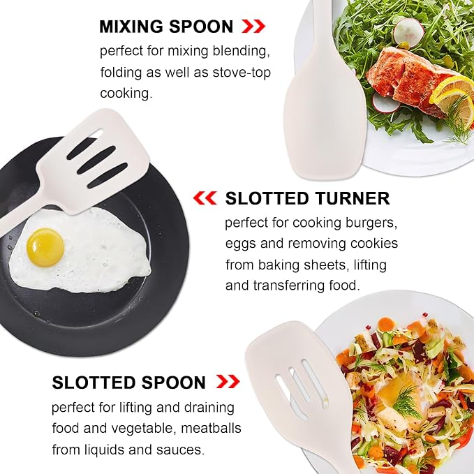 Silicone Cooking Utensils Set 5 Pcs Large Non-Stick Kitchen Utensils Set, Wooden Handle Heat Resistance Turner Soup Ladle Spoon Silicone Cooking Kitchen Gadgets BPA Free for Nonstick Cookware - Image 4