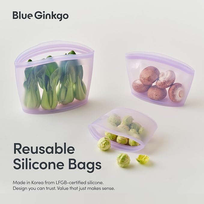 Blue Ginkgo Silicone Food Storage Bags, 3-Pack, Reusable, Made in Korea | Leakproof. Stand Up. Freezer and Dishwasher Safe. (Lavender) - Image 2