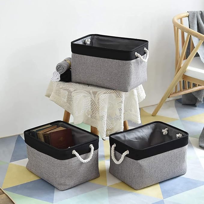 Collapsible Storage Bin for Shelves - 16x12x8 inch Large 3 Pack Storage Basket for Organizing with Rope, Fabric Storage Cubes for Organizer Toy Cloth Gift Closet (Black & Grey) - Image 2