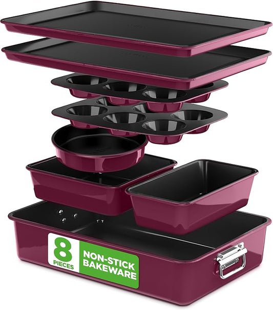 NutriChef 8-Piece Nonstick Stackable Bakeware Set - PFOA, PFOS, PTFE Free Baking Pan Set w/Non-Stick Coating, 450°F Oven Safe, Round Cake, Loaf, Muffin, Wide/Square Pans, Cookie Sheet (Plum) by NutriChef%E2%84%A2Kitchen