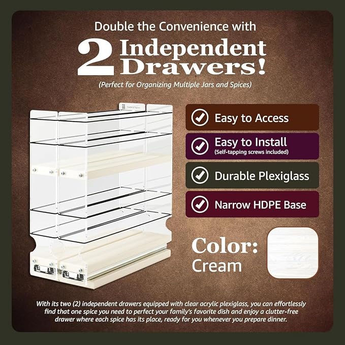 Narrow Pullout Spice Rack - Sliding Drawer for Kitchen Organization - Pantry Organizers and Storage - 2 Drawers & 2 Tiers - 10 Spice Jar Capacity (4.6" W x 9.25" H x 10.6" D, Cream) - Image 2