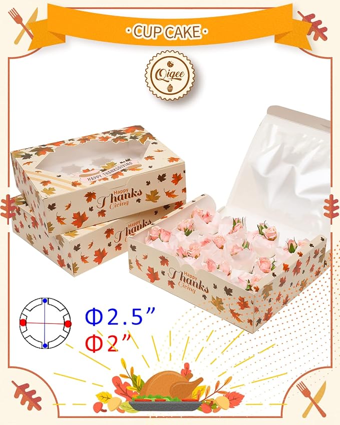 qiqee Thanksgiving 12 Cupcake Boxes with Window 16-Packs Cupcake Box 13"x10"x3.5" Cupcakes Carrier, 12 Cupcake Containers For Thanksgiving Day - Image 5