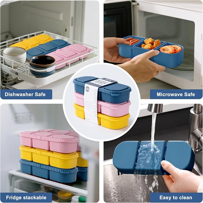 3 Pack Silicone Reusable Snack Containers with Lids - 3 Compartment Snackle Box for Kids & Adults, BPA-Free & Leakproof, Small for Dressing, Sauces, School, Office, Picnic（Blue, yellow, pink） - Image 6