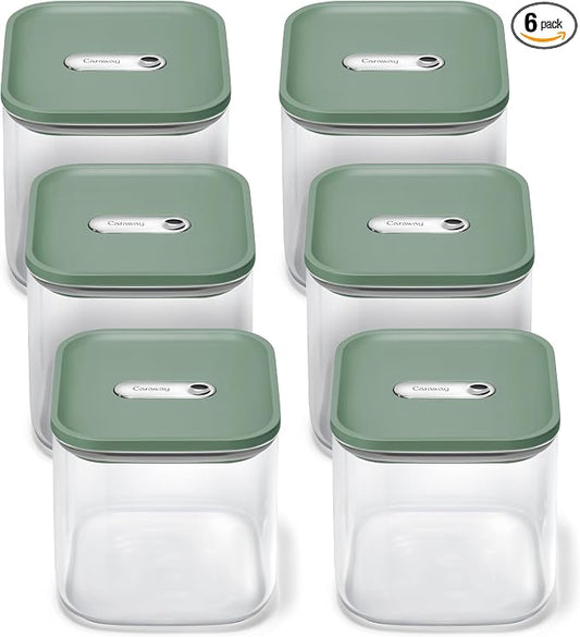 Caraway 2.5 qt Glass Airtight Food Storage Containers with Lids | Non-Toxic, Stackable, Space-Saving Airtight Containers for Pantry, Dry Goods, 6 Pack, Sage by Unknown
