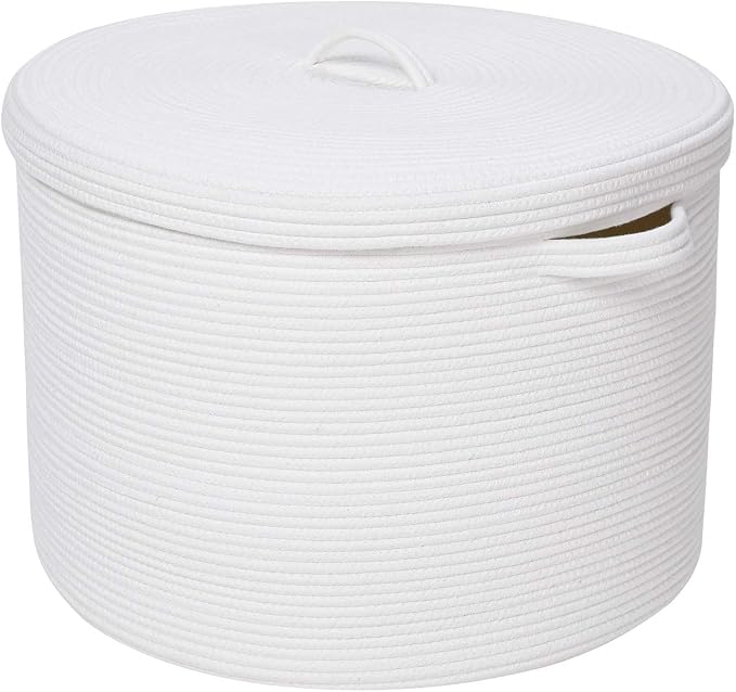 20x15 Inch Extra Large Round Cotton Rope Storage Basket with Lid, Decorative Woven Bin with Cover for Living Room Bedroom Closet, White - Image 2