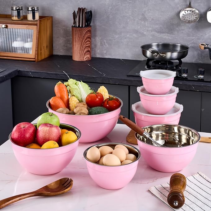 Pink Mixing Bowls With Airtight Lids,Stainless Steel Bowl,Salad Bowls 7 Piece Colorful Nesting Bowl Pink Kitchen Accessories,Size 7,3.6,2.7,2.1,1.5,1.1,0.8QT Stackable Design - Image 8