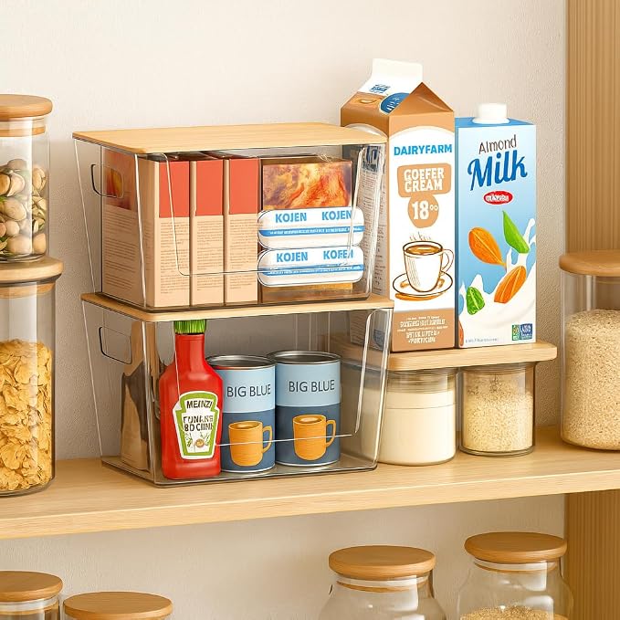 CiWiVOKi 6 Pack Clear Stackable Storage Bins with Bamboo Lids, Trash Bag Holder Dispenser Under Sink Organizer for 4-13 Gal Bags, Plastic Storage Containers for Pantry Bathroom Kitchen Organization - Image 8