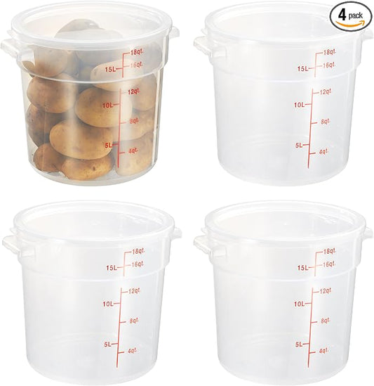 18 Quart Translucent Round Food Storage Container with Lid, Pack of 4 – NSF Listed, BPA-Free, Commercial-Grade Polypropylene, Freezer & Dishwasher Safe, Non-Stick, Easy-Read Graduations by CURTA