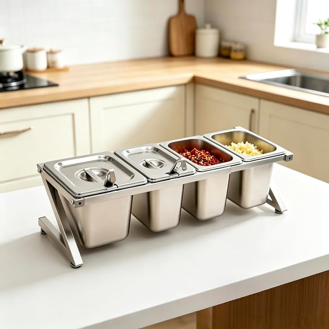 Telescoping Pizza Topping Station Container Food Prep Condiment Holder | Stainless Steel Container Set Spice Rack with 4 Pans & 4* Spoons & Lids, Food Truck Kitchen Buffet Pizza Oven Accessories - Image 8