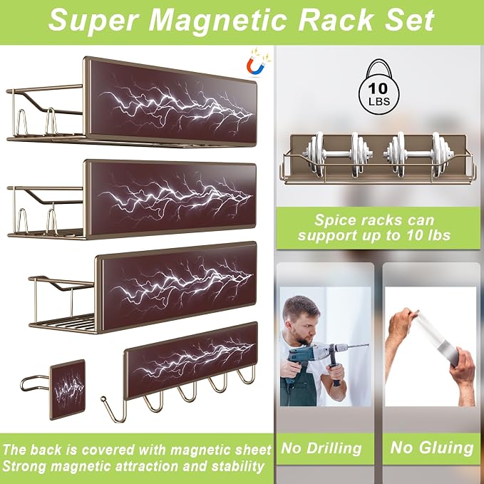 Magnetic Spice Rack for Refrigerator, 9 Pack Magnetic Fridge Shelves W/Adjustable Paper Towel Holder, Hook Rack, Moveable Spice Organizer Shelf for Kitchen Organization and Storage (Brown) - Image 3