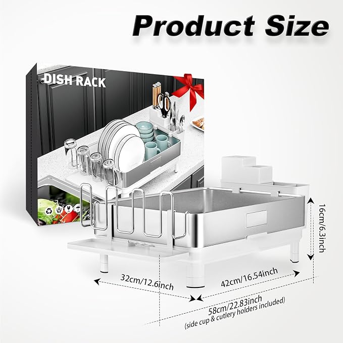 Dish Drying Rack, 304 Stainless Steel Dish Racks for Kitchen Counter | Dish Drainers with Automatic Drainage, Utensil Holder & Cups Holder, Space Saving Kitchen Organizer, White - Image 2
