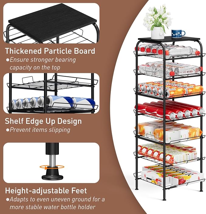 Vrisa Water Bottle Organizer 7 Tier Free Standing Water Bottle Holder Stand with Storage Shelves Beverage Drink Soda Can Rack Dispenser Metal Storage Shelf for Kitchen Pantry Party Office, Black - Image 2