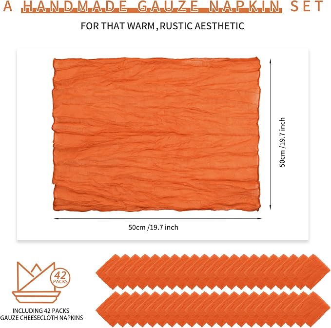 42 Packs Gauze Cheesecloth Napkins Orange 20 x 20 Inch Burnt Orange Wrinkled Dinner Napkins, Rustic Boho Soft Cloth Napkin for Wedding Party Event Dinner Table Decoration - Image 2