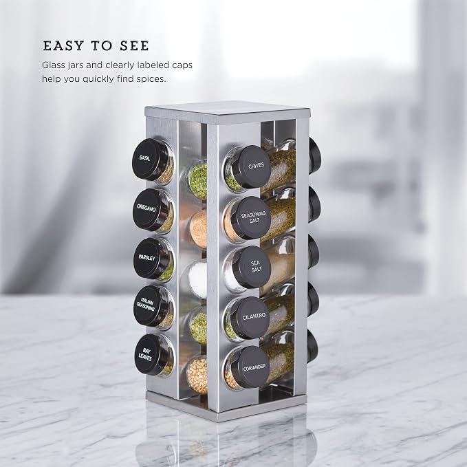 Kamenstein 20 Jar Heritage Revolving Countertop Spice Rack Organizer with Spices Included, FREE Spice Refills for 5 years, Brushed Stainless Steel with Black Caps - Image 6