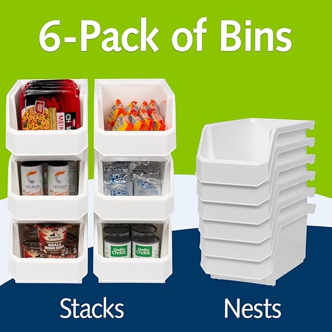 Large Stackable Plastic Storage Bins, 6-Pack, White | Open-Front Stackable Bins For Garage, Pantry, Closet & Office, 14,8"L X 8"W X 7"H, Nests When Empty, Durable Plastic, - Image 4